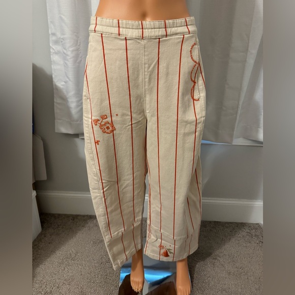 Anthropologie Pants - Cool Pilcro Anthropologie size M cream red stripe embroidered wide leg pants